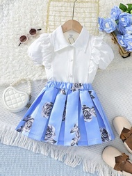 SHEIN 女孩學院風襯衫和百褶裙2件套裝,適用於小女孩和兒童