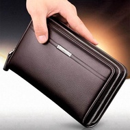 CSONLINEMALL Men Clutch Bag Wristlet Double Zipper PU Leather Business Long Wallet for Men