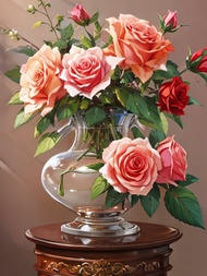 5D新紅玫瑰透明花瓶藝術花卉插畫鑽石畫馬賽克鑲嵌鑽石刺繡全圓鑽DIY掛飾手工藝品家居客廳裝飾十字繡套件1套