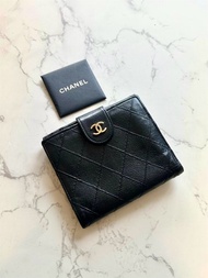 中古Chanel雙面魚子醬皮革 黑色短夾 皮夾 錢包 小包 古董二手包