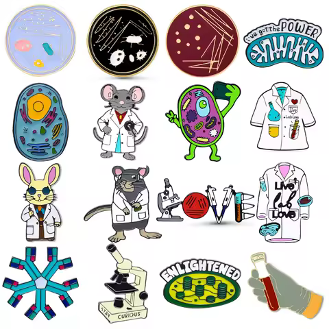 Harong Cartoon Science Enamel Brooche Biology Chemistry Scientist Pins Cell Petri Dish Lab Jewelry L