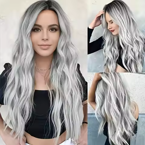2026 New Gray Gradient Medium Long Curly Wig Fashionable Big Wave Long Curly Wig Women's Wig