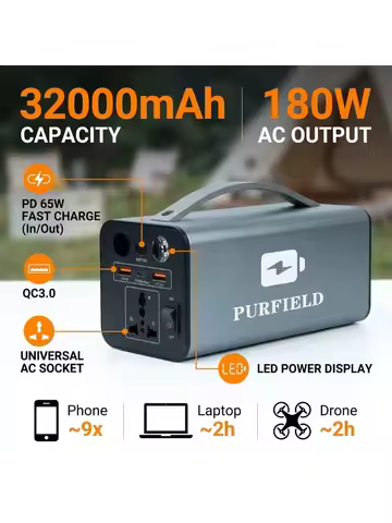 180W Outdoor Power Station 32000mAh 118.4Wh PD65W 110/220V Solar Generator Portable Power Bank For C