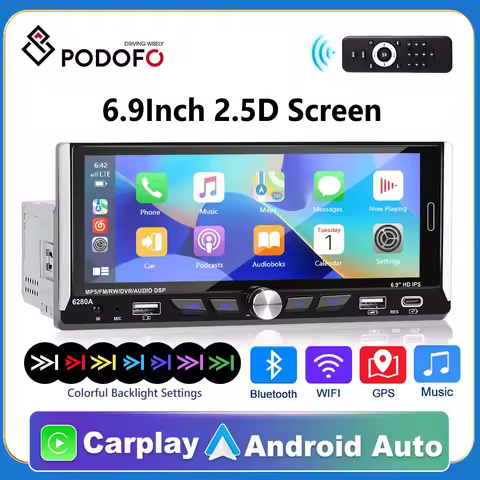Podofo Android 1 Din GPS Car Stereo Carplay Radio MP5 Player 6.9" with BT FM RDS Radio Receiver Supp