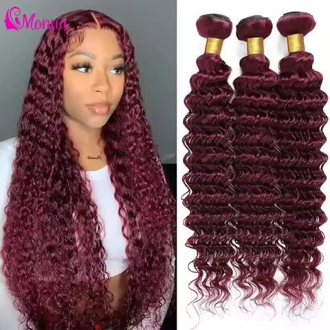 30 Inch 99J Burgundy Water Curly Bundle Brazilian Human Hair Deep Wave Human Hair Bundles Red Color 