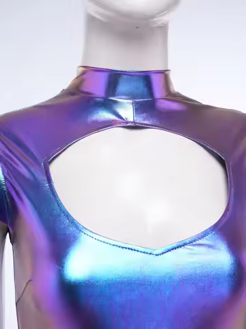 Womens Space Alien Costume 2 Piece Outfits Shiny Metallic Cut Out Chest Bell Bottoms Jumpsuit with G