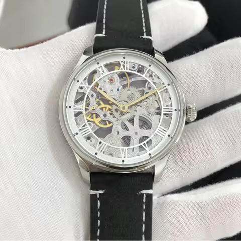 GERRVO 44mm No Logo St3600SK Skeleton Manual Winding Movement 21,600 Dph Golden Hands Men's Pilot Wa