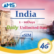 India eSIM 1-10 days daily unlimited data, India travel SIM card prepaid SIM card unlimited high-spe