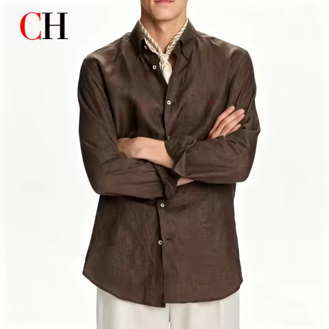 CH Linen Embroidered Long Sleeve Shirt Men Elegant Style Button Up Collar Breathable Casual Daily To