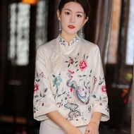 ชุดคอจีนปักลายแบบใหม่ของผู้หญิงเสื้อแนววินเทจฮาราจูกุแนวฮาราจูกุคอตั้งหรูหราพลัสไซส์4xl