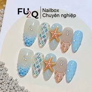 Blue Sea Pointed Design Fake Nails, Nailbox Fu2Q Beautiful Starfish with Cool Blue Sea Clams for Sum
