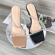 Guốc cao gót nữ 2 dây mica đính đá gót ly cao 9p giày cao gót nữ 2 quai ngang đính đá sang chảnh đi