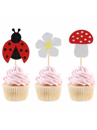 12入組創意瓢蟲、蘑菇和花形造型生日蛋糕插牌,適用於昆蟲和動物主題的嬰兒生日派對裝飾