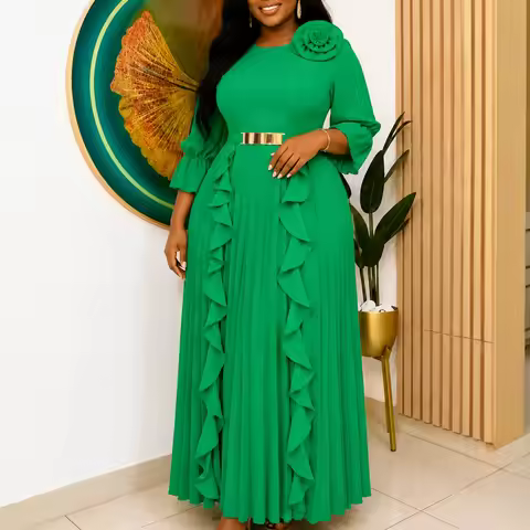 Dashiki African Dresses for Women Summer African 3/4 Sleeve O-neck Green Plus Size Party Evening Lon