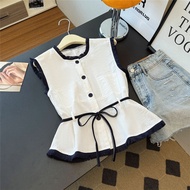 网红2025夏季新款法式小众叠穿上衣毛边衬衫无袖显瘦上衣洋气时尚