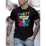 Men'S 80s Retro Party T-Shirt with Neon 80s Print & 80s Music Icons (Cassette, Vinyl) | Vintage 80s 