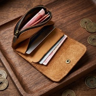 Men's Leather Coin Purse with Card Slots - Vintage Leather Dual-Design Zip & Snap Closure Coin Pouch