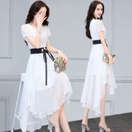 women female Short Sleeve Chiffon Midi Long Dresses Thin Summer Elegant Dinner Dresses Irregular Cas