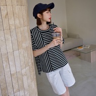 OB Cotton Striped Stitching Shape Slit Loose Top < AB21062 >
