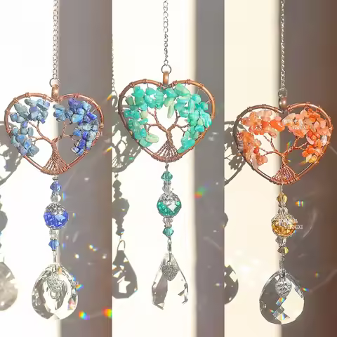 1PC Love Heart Tree of Life Kabbalah Quartz Prism Glass Crystal Pendant Agate Chakras Energy Stone M