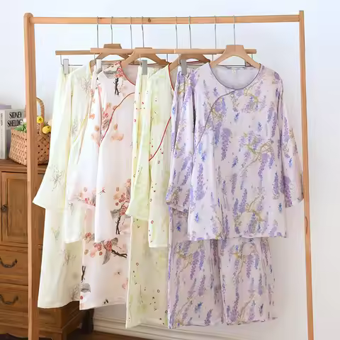 New Sleepwear Cotton Pajamas For Women Pijama Trousers Sets Spring Autumn Floral Long Sleeve Home We