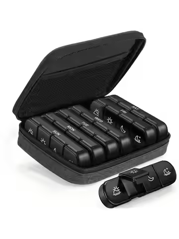 Weekly Pill Organizer 4 Times a Day with a Business Stylish Bag, Portable Pill Box 7 Day with 28 Com