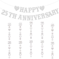 25th Anniversary Decorations, Silver Glitter Happy 25th Anniversary Banner with 25 Diamond Heart Gar