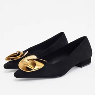 Zara's Women's Shoes Black Metal Flower Cashmere Suede High Heels Fashionable Single Shoes Metal Accessories Ballet Shoes