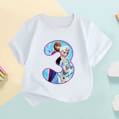 Frozen Elsa Anna Princess Number Bow Print Kids Tshirt Girls Clothes 1 2 3 4 5 6 7 8 9 Years Birthda