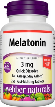 Webber Naturals Melatonin 3 mg, Easy Dissolve, 250 Tablets, 100% Drug Free Sleep Aid for Adults, Glu