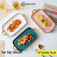 HCSTORE Rectangular Serving Plate with Gold Handle Size 30cm Ceramic Hampers Kitchenware