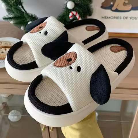 Women Black White Home Slippers Cute Dog Three-dimensional Puppy Pattern Design 3.5cm Fashion Soft C