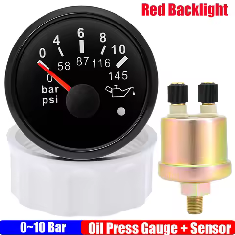 0~5Bar,0~10Bar 52mm Oil Pressure Gauge+Sensor 1/8NPT Red Light Oil Press Meter with Alarm 0~73PSI,0~