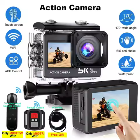 Action Camera 5K 4K60FPS 50MP 2" Touch Dual Screen 5X Zoom Wi-Fi EIS 170° DVR Webcam Wireless Mic 30
