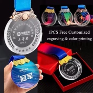 Color Printing or Laser Engraving Clear Crystal Glass Medals 1st 2nd 3rd Award Gift Box Packagin 1pc