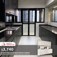 Carpentry HDB Package: (L) 20 FT Top and Bottom Kitchen Cabinet include dish rack and aluminum frame glass door