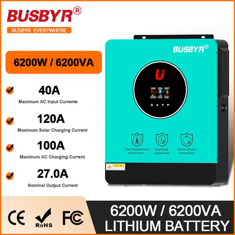 BUSBYR 6200W Solar Hybrid Inverter 48V 230Vac Built-in 120A MPPT Charge Controller 6.2KW Pure Sine W