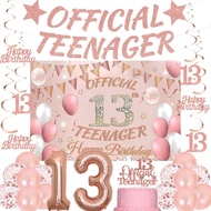 13th Birthday Decorations Balloons Girls - 25 Pcs Rose Gold Official Teenager Banners Hanging Swirls