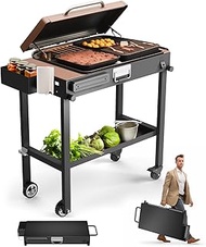 RUDCXDY Grill cart Outdoor Folding Grill Table Cooking Table for 22" Tabletop Grill,Outdoor Kitchen Food prep Table Pizza Oven cart BBQ cart,2 Tier cart with Wheels for Indoor Grill(Black)