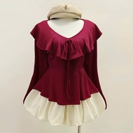Set of t-shirt with ruffled neck and flared sleeves made of lady's elastic, beautiful secret skirt w