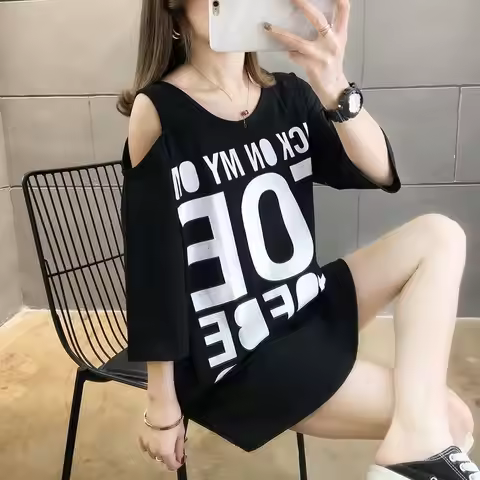 Tops Woman Long Graphic Baggy Short Sleeve T Shirt for Women Off Shoulder Summer Outfit 90s Vintage 