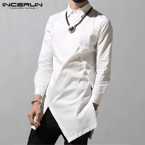 INCERUN Men's Irregular Shirt Solid Color Stand Collar Long Sleeve Casual Men Clothing Vintage 2025 