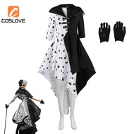 Cruella De Vil Cosplay Clothing Full Set Costume Suit For Woman Long Black&White Dot Skirt Stage Per