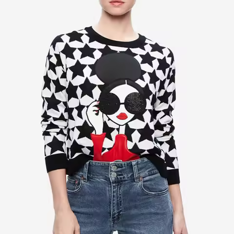 Alice Olivia Knit Pullover Sweater Star Jacquard Embroidery Women Top Coat Luxury Designer Brand Kni