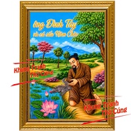 Legendary painting of Mr. Dinh Tay and Crocodile 5 Oars on blue background + includes Frame + full s