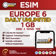 eSIM EUROPE 6 Daily Unlimited 1GB Data | eSIM Activated Instantly