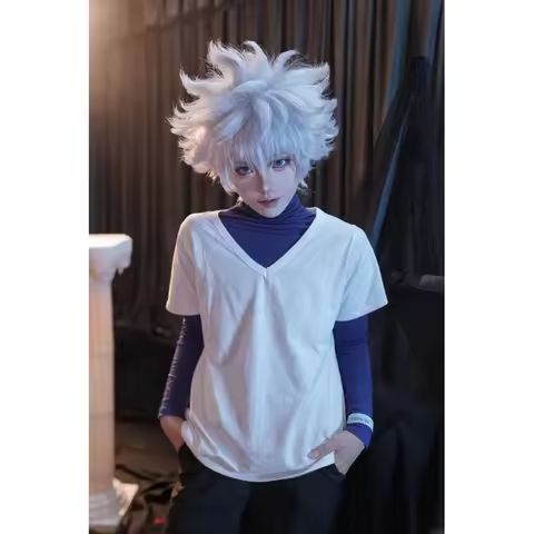 ♂♀✪Killua Zoldyck Cosplay Costume Anime Hunter Killua White Wig Shoes Hat Full Set Outfits Halloween