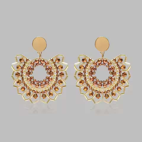 Rice bead earrings Circle Crystal Hand knitting Sunflower Originality Bohemia Alloy Hollow out Fashi