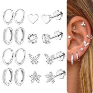 16 pairs of flat back earrings, unisex, hypoallergenic, suitable for sensitive ears, 14K gold hoops,