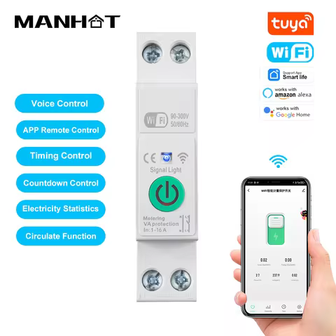 Manhot WiFi Smart Circuit Breaker MCB 1P+N 16A Timer Power Energy kWh Voltage Current Meter Protecto